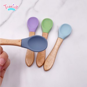 Wood Handle Soft Silicone Baby Spoon for Self Feeding