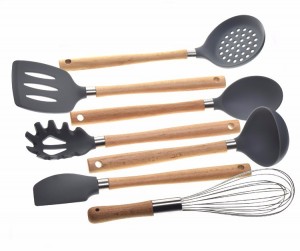 Set di articoli da cucina antiaderenti da 6 pezzi Set di utensili da cucina in silicone con manico in legno duro di acacia naturale