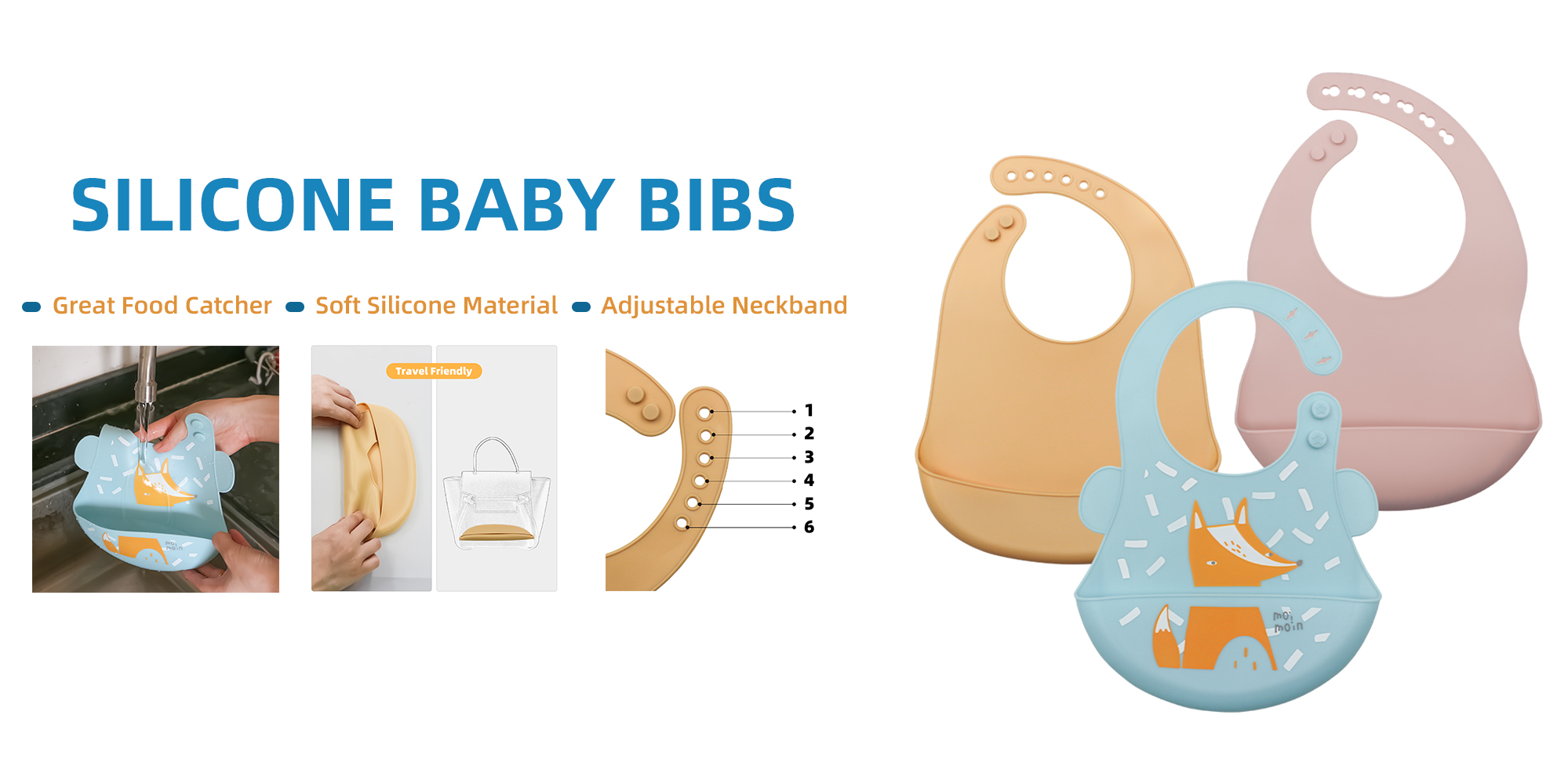 Silikonhaklappar för baby Silikonhaklappar Mjuk justerbar passform Vattentäta haklappar Matningshaklappar med matfångare