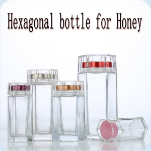 Tranparent Honey Bottle, Hexagonal bottle Glass bottle with hood