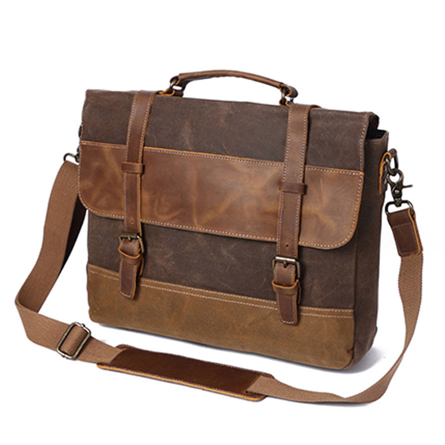In Stock Water-proof Waxed Canvas Leather Briefcase For Men Messenger Bag Shoulder Bag
