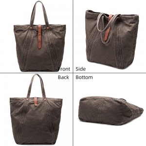 Retro casual canvas washed women large capacity handbag tote bag with leather trim