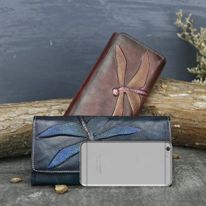 Retro full grain leather women clutch wallet with custom embossed logo