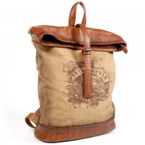 Retro washed canvas rucksack backpack with PU leather trim