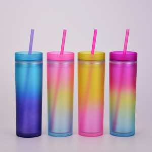 Vlastný pohár 16oz dvojstenný pohár na pitie Opakovane použiteľné farebné akrylové poháre bez BPA s viečkom a slamkami