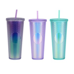 Vaso de plástico con rejilla de vaso de cristal brillante de doble pared de 24 onzas
