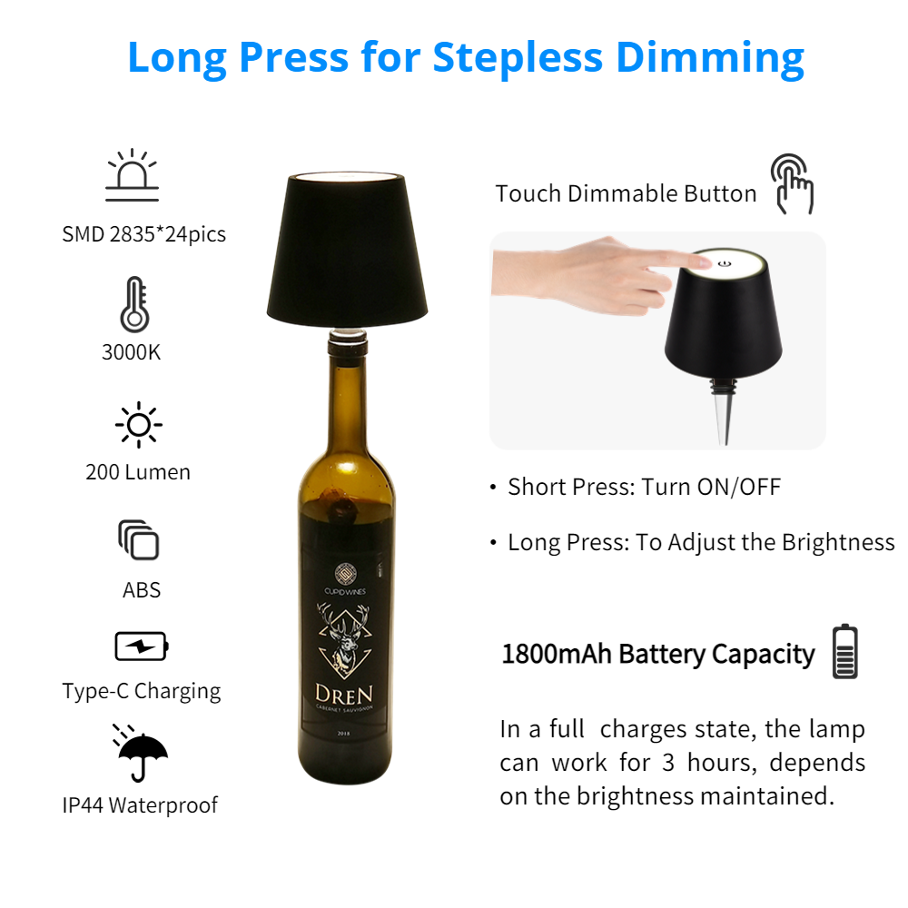 DEA5604-4 Lámpadas de mesa de bricolaxe de botella de viño con control táctil portátil sen fíos Imaxe destacada