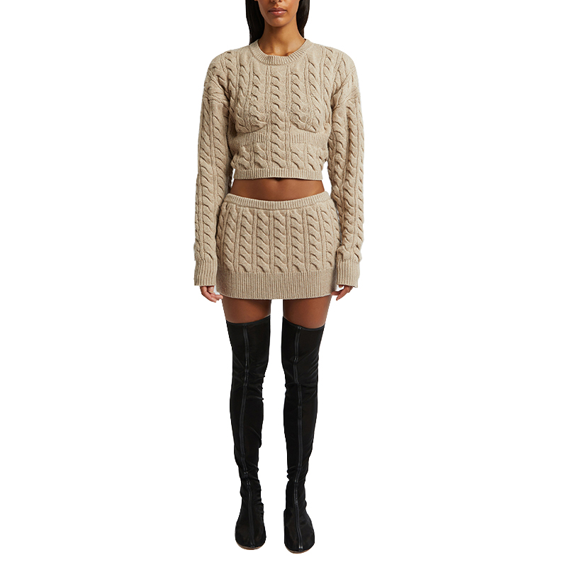 SS230726 Soft Wool Cashmere blend Mini Skirt at Cable Knit Top Set