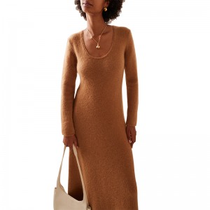 SS230725 Wool Mohair கலவை பிரஷ்டு அமைப்பு Midi Classic A-line knit wear Mid dress