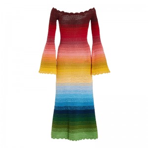 751 Oscar renta Multi Off the Shoulder Rainbow Ombrer Crochet knit dress