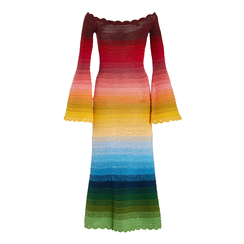 751 Oscar renta Multi Off the Shoulder Rainbow Ombrer Crochet trikotāžas kleita