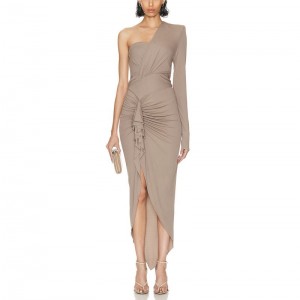 SS230702 Natural nga Lenzing Modal Single Shoulder Crinkled Frill Asymmetric Hem Long Dress