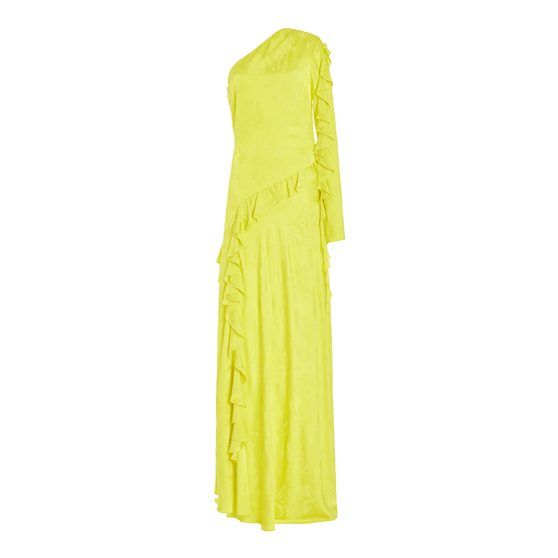 752 Yellow One Shoulder Ruffle Gown Alejandra Alonso Long Max Dress