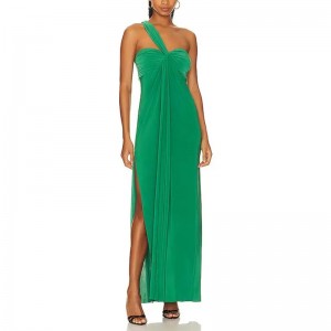 SS230716 Jersey stretch with high side splitting one shoulder styling Ruched bust long kelly Green maxdress