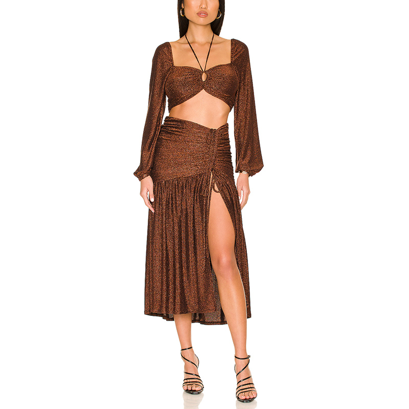 744 Vicose/Metal Kuunganishwa High Split Crink Skirt Dress