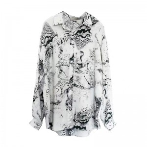SS2305 satin silke blæk digital print langærmede bluse skjorter til kvinder