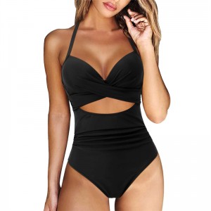 SS230706 Bikini, schulterfrei, mehrfarbig, groß, rückenfrei, plissiert, einteiliger bedruckter Retro-Badeanzug