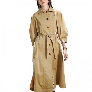 SS23102 Хлопковая однотонная стирка, однотонная куртка на пуговицах, средний рукав, шлица сзади, завязывающийся ремень на талии, длинное пальто, куртка