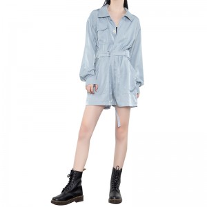 SS23113 Tencel Cotton Wash Blue Shirt Neck ខោខ្លីដៃវែងខាងក្រោម Playsuit Jumper