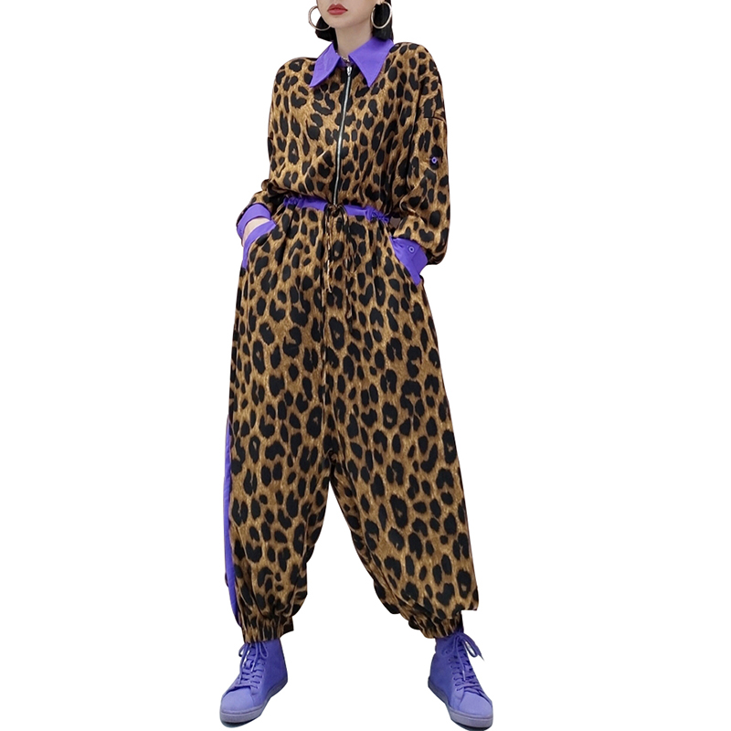 SS23115 Jumpsuit Playsuit longgar longgar bermotif macan tutul poliester daur ulang, jumper sabuk
