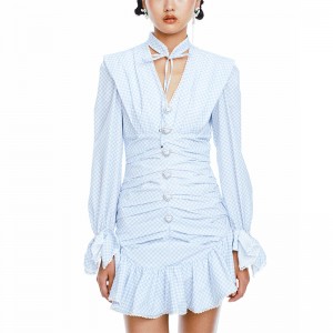 SS2322 Viscose Digital Printed Tied Neck Frill Lengan Panjang Mini Dress