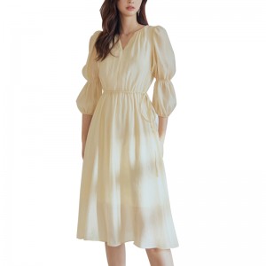 SS2349 Cotton Voile Plain Round v Neck bunden Mid Dress