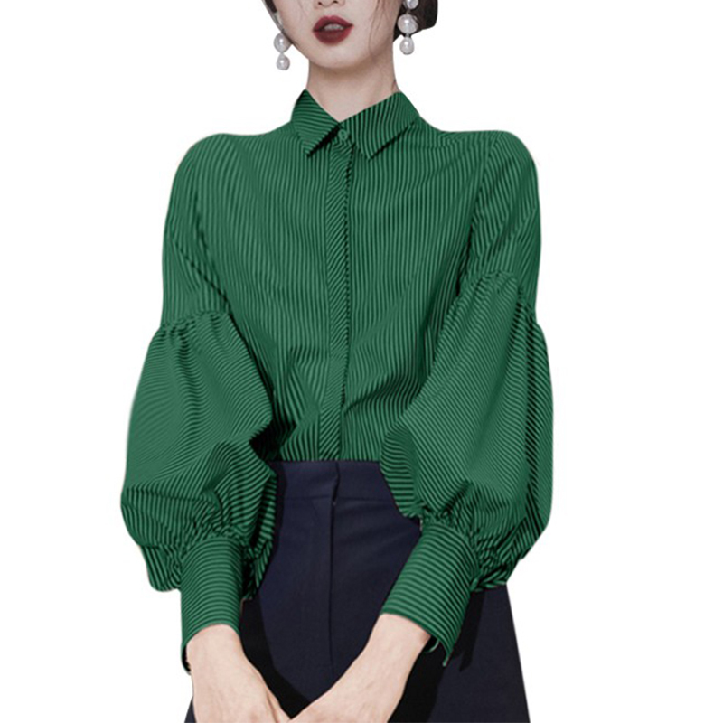 SS2359 Памучни дамски блузи с висок маншет и щамповани райета с дълги ръкави