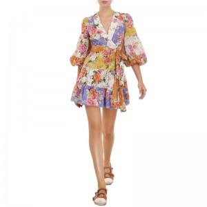 SS2365 Cotton Voile Digital Printed Mid L anternSleeve Wrap Tied mini dress