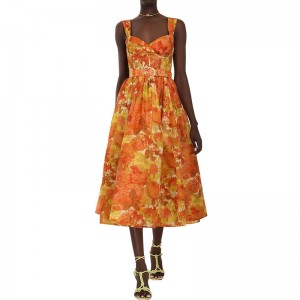 SS2368 Bawełniana lniana, drukowana cyfrowo, krótka sukienka z dekoltem w paski, długa, bufiasta