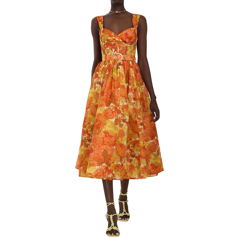 Довга сукня з бавовни та льону з цифровим принтом із широким вирізом і лямками SS2368