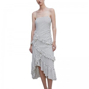 SS2387 Viscose/Cotton Dot Printed Suspender Slip Dress Shoulder off Frill Long Dress