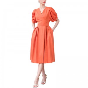 SS23100 Բամբակյա/Կտավե նարնջագույն փաթաթան V պարանոց Ազատ կարճաթև Ազատ միջին զգեստ