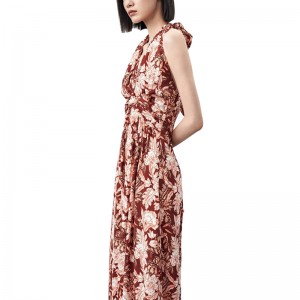 SS2388 Langes Kleid aus Viskose/Viskose mit Digitaldruck, V-Ausschnitt, rückenfrei, gekräuselter Taille