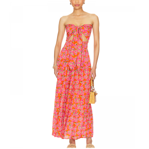 SS230713 Viscose Digital printed δεμένο Μακρύ max φόρεμα με αποκοπή από τους ώμους