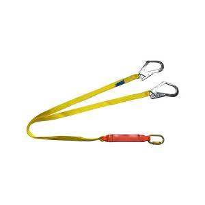 Shock absorbing lanyard for fall protection in yellow webbing belt with 2 hooks