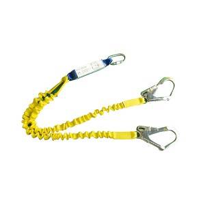 Flex fall capture lanyard with the external tubular webbing and with the energy absorber and two hooks