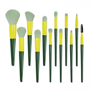 Pabrik Kustomisasi Profesional Make Up Brush Set 12 Pcs Green Handle Serat Sintetis Lembut Alat Kecantikan dengan Kasus Kosmetik