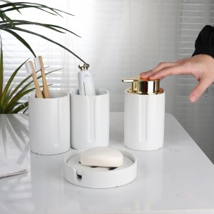 Factory supplier Hotel Washroom White 4 Pieces Soap Dispenser Soap Dish Set Bathroom Ceramic