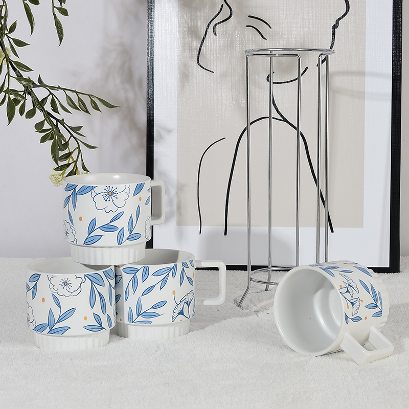 Manufacturer New Custom Logo Flower Design Ceramic Stacking Coffee Mug