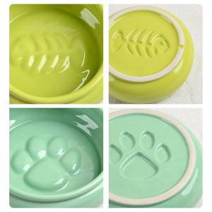 Fabricant d'accessoires pour animaux de compagnie ODM, cylindre coupé en forme de ventre, décorations en relief en arête de poisson, bol de nourriture en céramique pour chat et chien