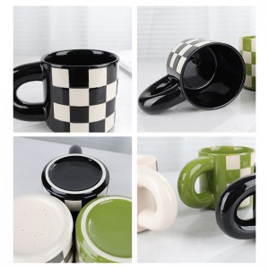 Factory Handmade Personalized Ceramic Coffee Grid pattern makapu Kwa mphatso