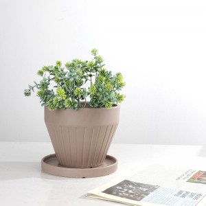 Hersteller ODM Indoor-Tisch-Weithals-Design, gestreifter Keramik-Weithals-Pflanzer mit Tablett