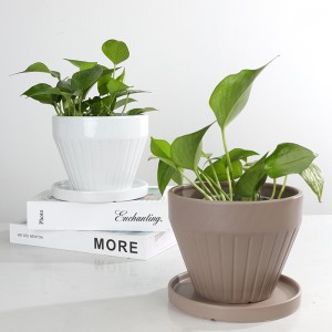 Manufacturer ODM Indoor Table Wide-mouth Design Ceramic Wide-Mouth Striped Planter na may Tray