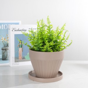 ក្រុមហ៊ុនផលិត ODM Indoor Table Indoor Design Ceramic Wide-Mouth Striped Planter with Tray