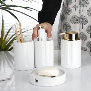 Factory supplier Hotel Washroom White 4 Pieces Soap Dispenser Soap Dish Sete Bathroom Ceramic