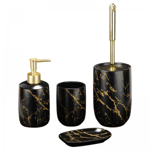 လက်ကားရေချိုးခန်းအပြင်အဆင် Black Glazed Gold Decal Ceramic Bathroom Luxury Set