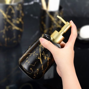 လက်ကားရေချိုးခန်းအပြင်အဆင် Black Glazed Gold Decal Ceramic Bathroom Luxury Set