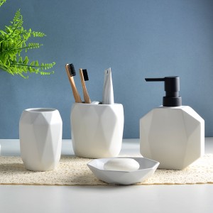 Set Dispenser Sabun Tempat Sikat Gigi Putih Geometris Kamar Mandi Keramik Modern Kustom
