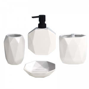 कस्टम आधुनिक सिरेमिक बाथरूम ज्यामितीय सफेद टूथब्रश धारक साबुन डिस्पेंसर सेट