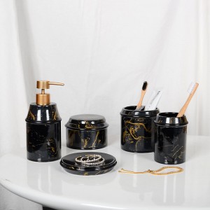 Hotel all'ingrosso bianco nero oro decalcomania accessori in ceramica moderna 5 pezzi prodotti per il bagno